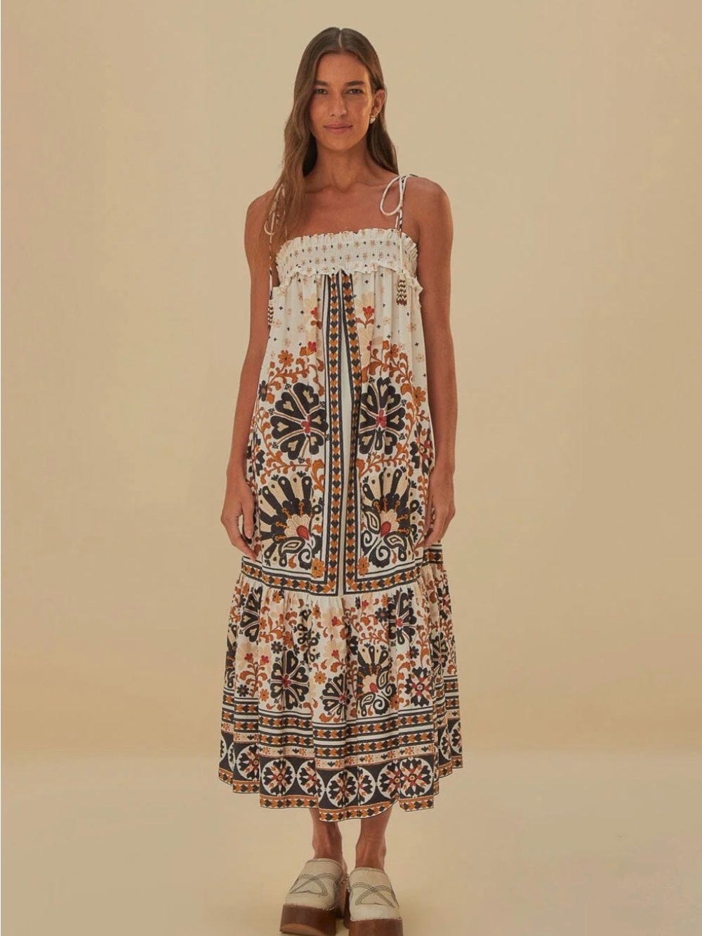 NEW!! FARM Rio Flower Fan Tapestry Off-White Midi Dress XS